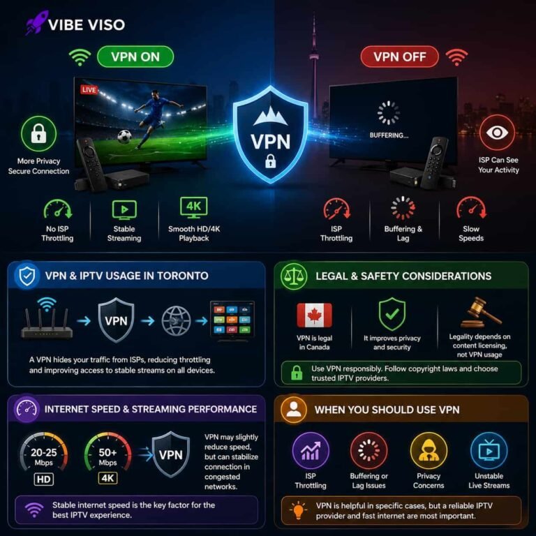 Vibe Viso IPTV with VPN secure streaming and stable playback on smart TV and multiple devices in Toronto