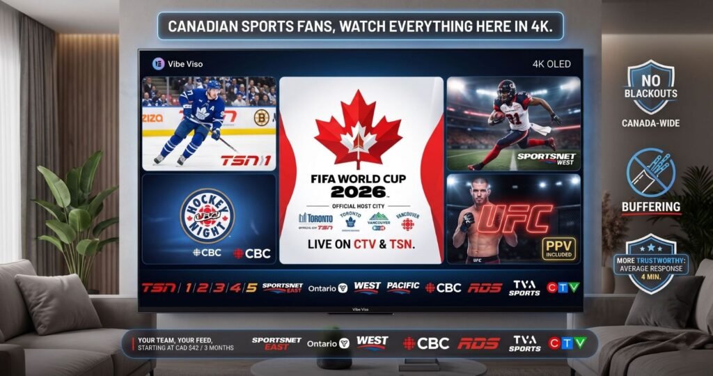 Vibe Viso IPTV interface on a large TV screen showing live 4K streams of hockey, football, and UFC fights with zero buffering and no blackouts across Canada.