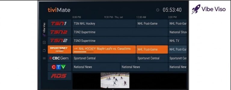 TiviMate EPG guide showing Canadian IPTV channels including TSN, Sportsnet, CBC and CTV on Firestick