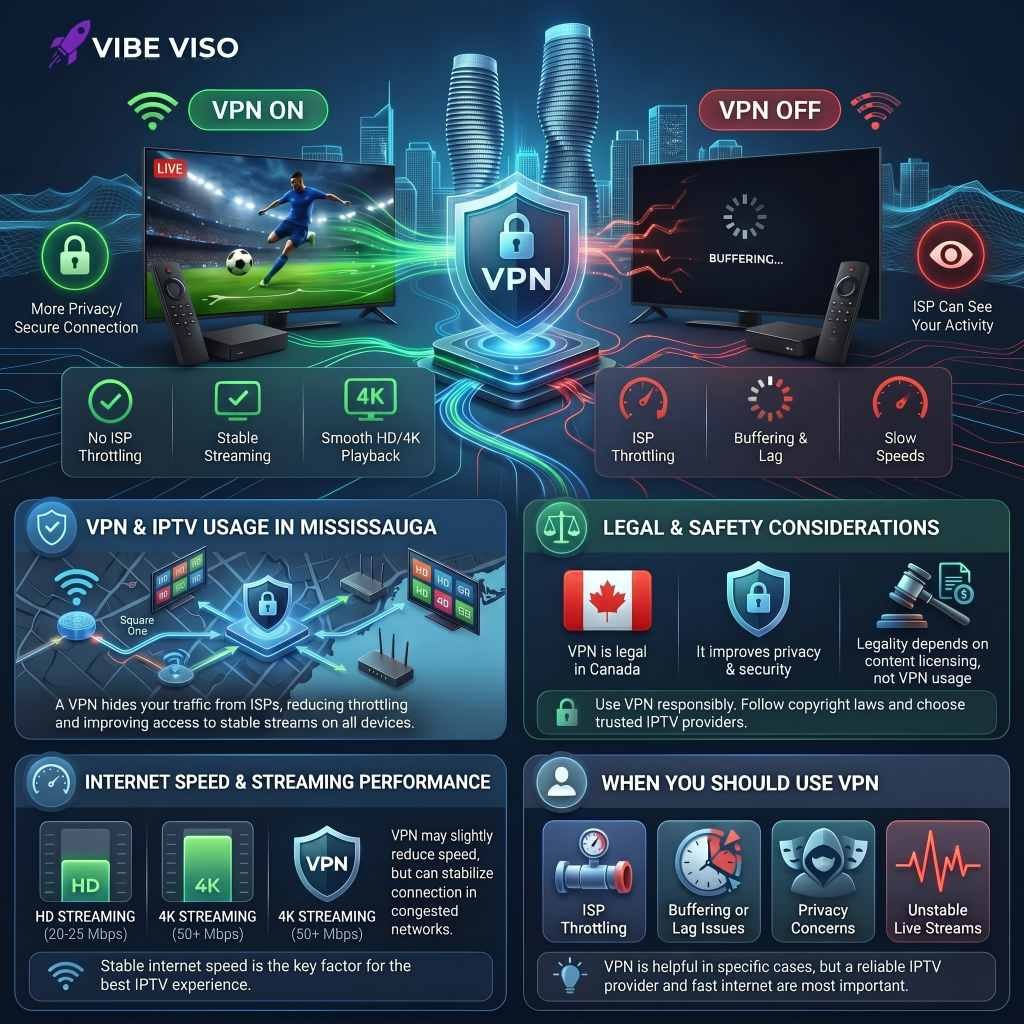 VPN and IPTV usage diagram showing secure connections for Mississauga users