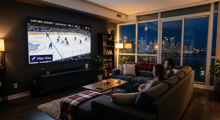 Vibe Viso IPTV services across Canada streaming live NHL hockey on a 4K smart TV in a Toronto living room Title: Premium IPTV Services Across Canada | Vibe Viso