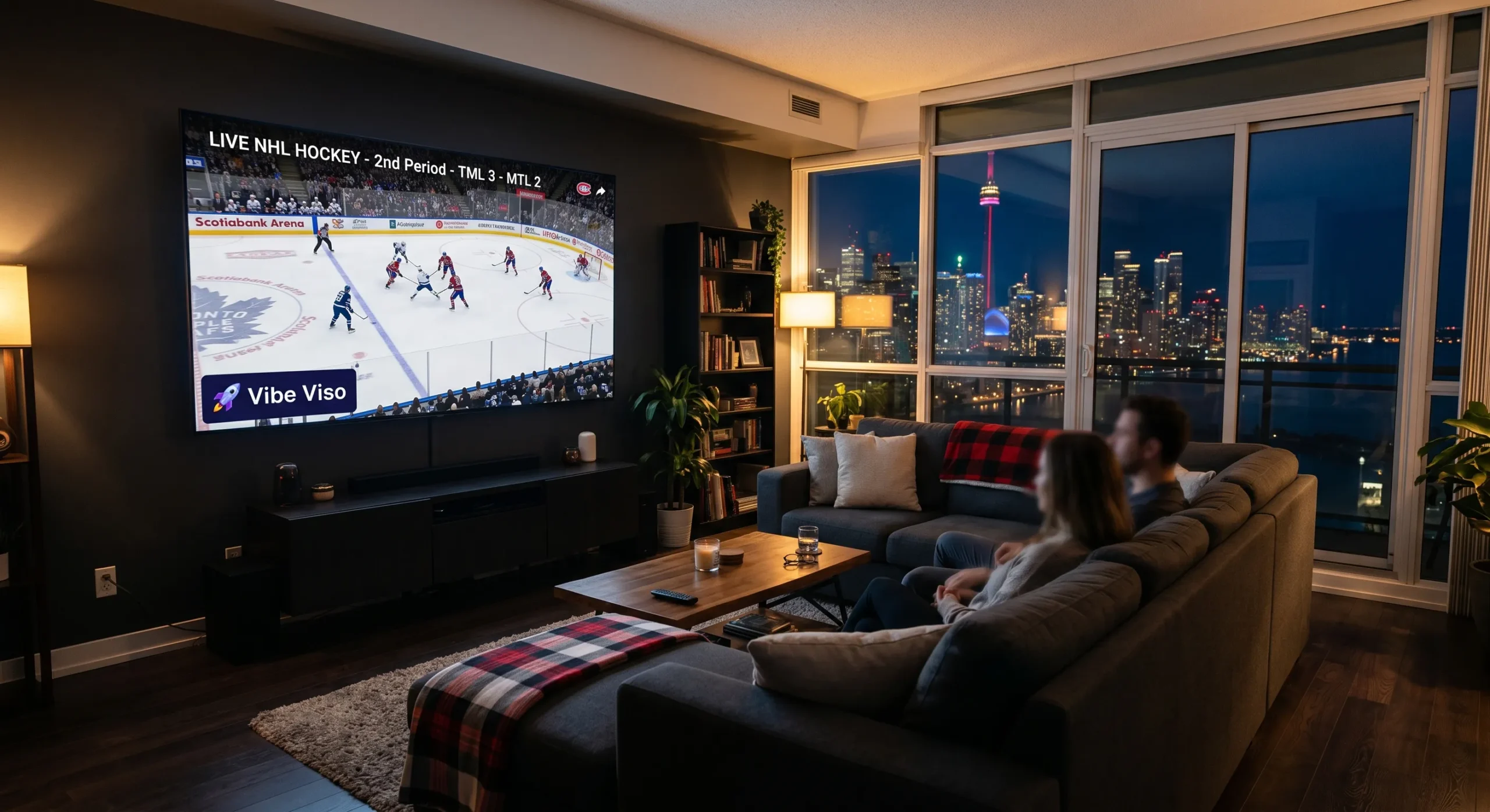 Canadian living room streaming live NHL hockey on 4K Smart TV with Toronto skyline and CN Tower at night