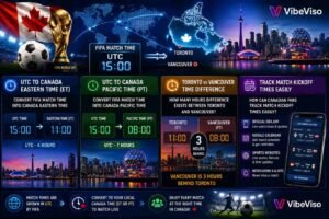 VibeViso FIFA World Cup 2026 Canada time conversion chart for Eastern Time Pacific Time Toronto and Vancouver match kickoff times