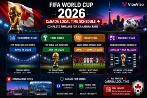 VibeViso FIFA World Cup 2026 Canada local time schedule showing tournament start final match group stage and knockout fixtures