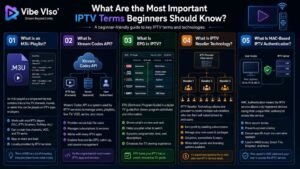 Beginner IPTV terminology infographic explaining M3U playlist, Xtream Codes API, EPG, IPTV reseller technology, and MAC-based authentication