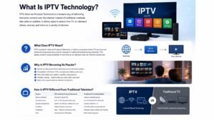 what is IPTV technology, including what IPTV means, why IPTV is becoming popular, and a comparison between IPTV and traditional television with visuals of streaming devices, smart TVs, and internet-based broadcasting.