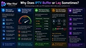 IPTV buffering infographic showing causes of IPTV lag, internet speed requirements, ISP throttling, and VPN stability solutions by Vibe Viso