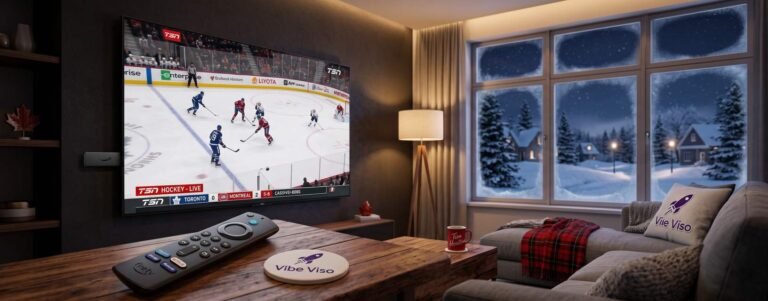 How to Install IPTV on Firestick Canada Amazon Firestick connected to a 4K TV streaming live IPTV in a Canadian living room with VibeViso