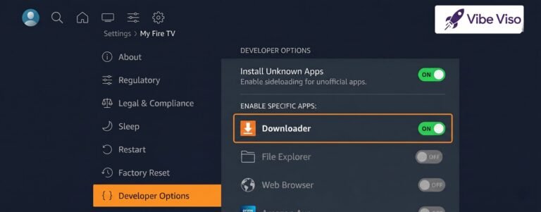 Firestick Developer Options screen showing Install Unknown Apps enabled for Downloader app on Fire OS 8