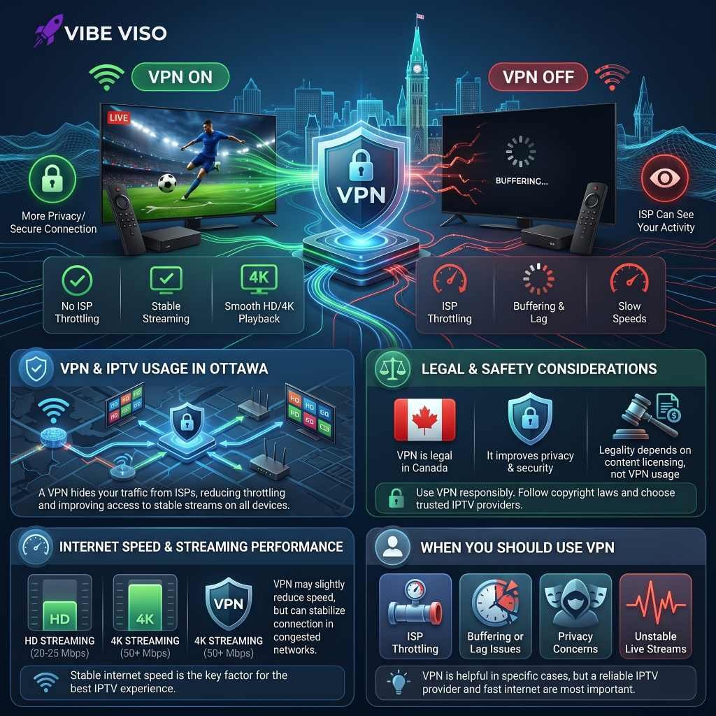 VPN and IPTV usage diagram showing secure connections for Ottawa users