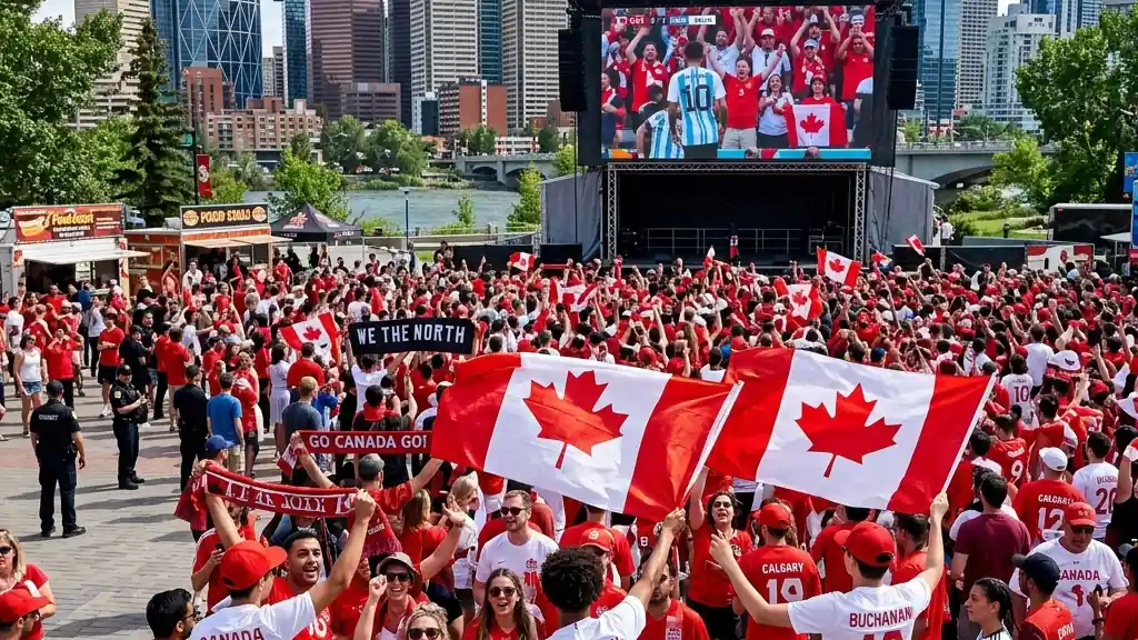 Free FIFA World Cup 2026 watch party at Eau Claire Plaza in Calgary, Alberta