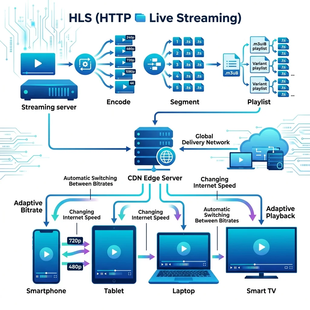 Flat vector infographic showing HLS adaptive bitrate streaming profiles automatically switching under variable network speeds