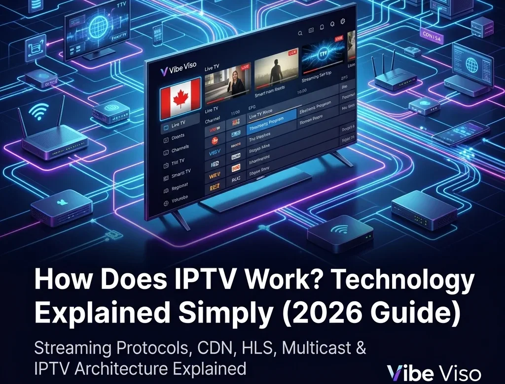 Vibe Viso IPTV technology guide cover showing a modern TV channel guide UI framed by futuristic digital network nodes