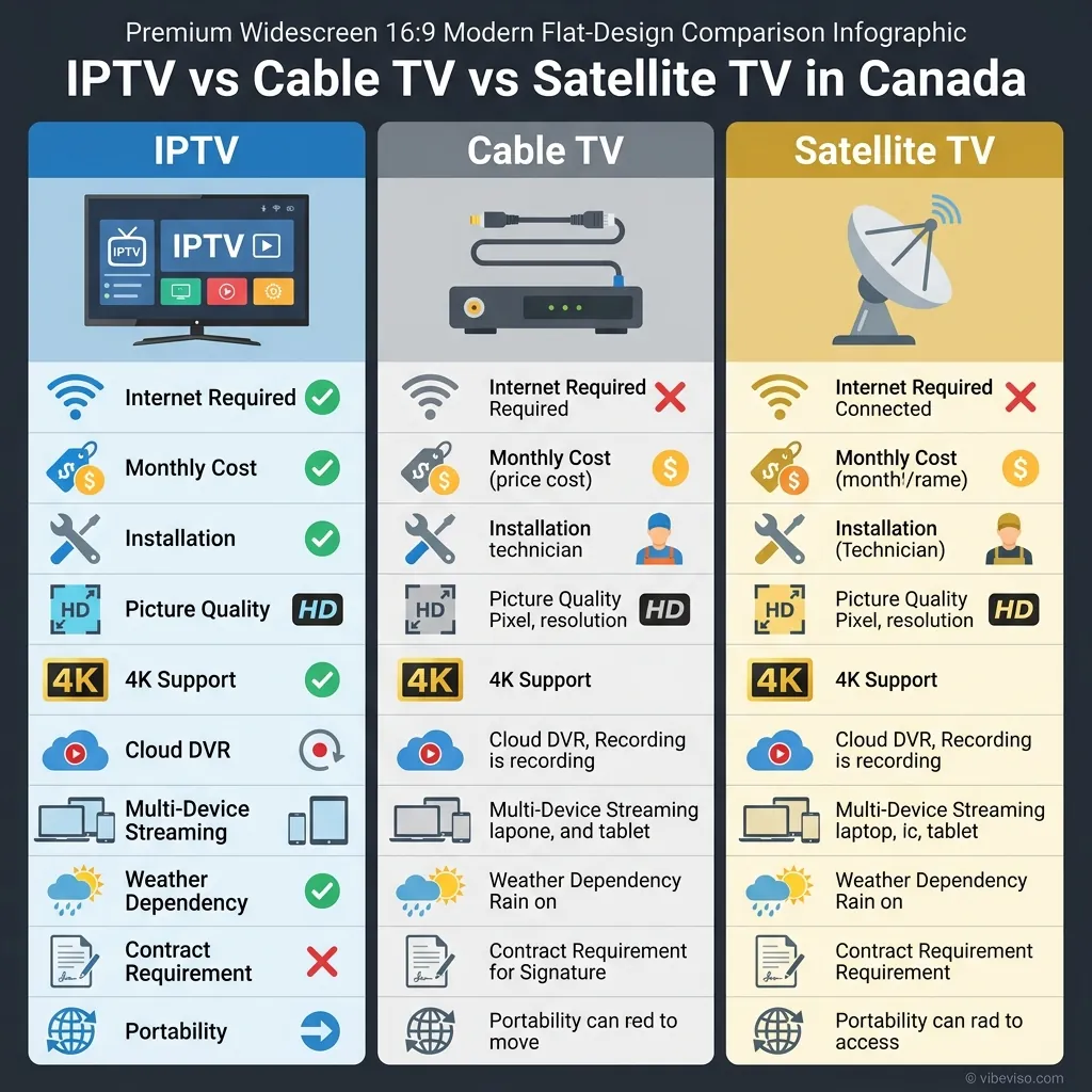 Comparison of IPTV vs cable TV vs satellite TV in Canada showing internet requirements, installation, cost, and streaming features