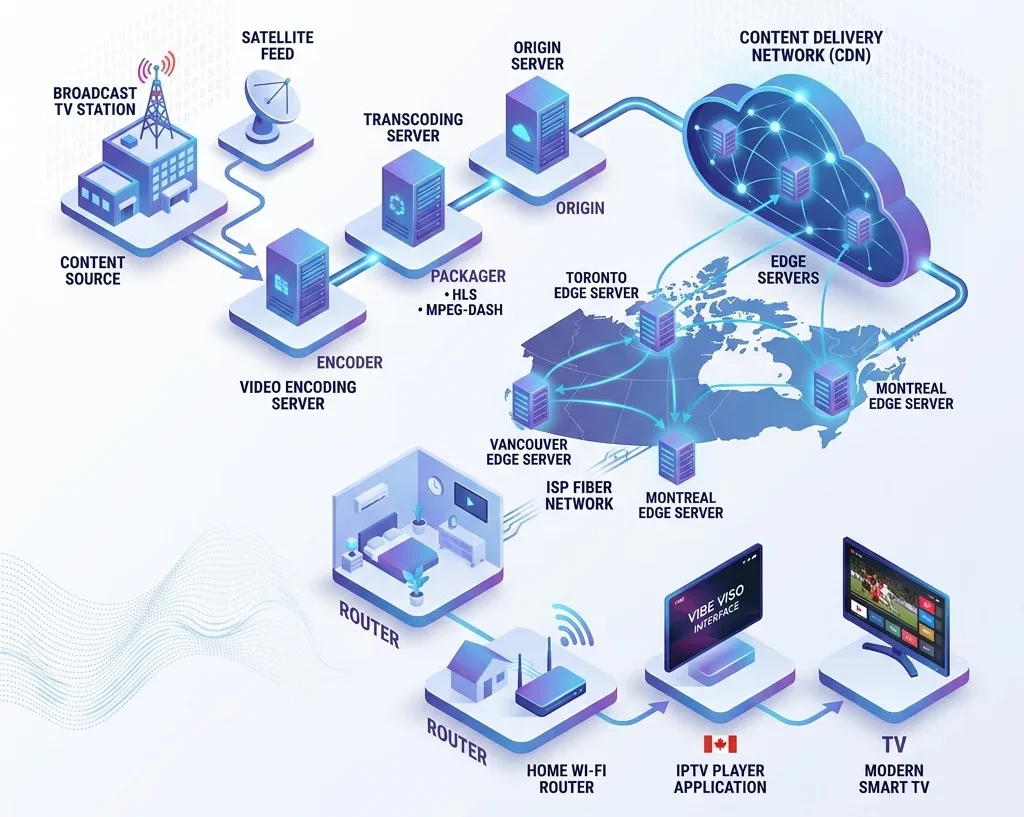 Premium 3D isometric infographic detailing the end-to-end IPTV delivery pipeline from satellite ingest to Smart TV playback