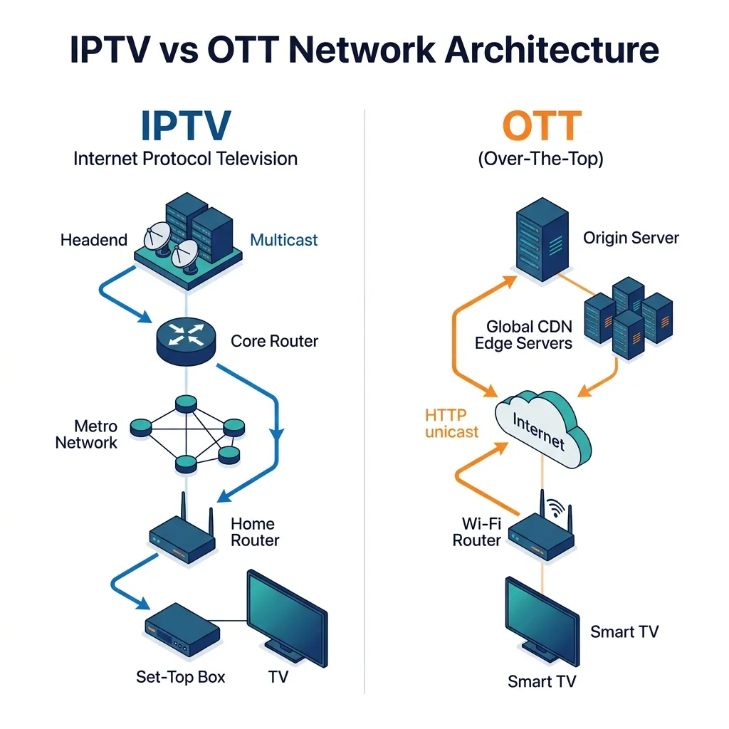 Side-by-side comparison of IPTV private managed network architecture and OTT public internet streaming architecture showing multicast and CDN delivery.