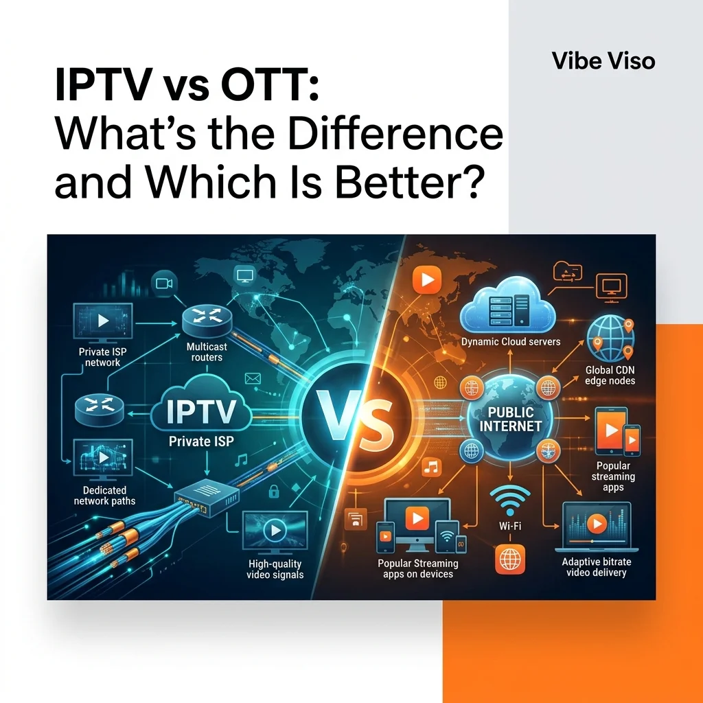 Featured illustration comparing IPTV and OTT technologies with private ISP networks, CDN streaming infrastructure, and the title IPTV vs OTT: What's the Difference and Which Is Better?