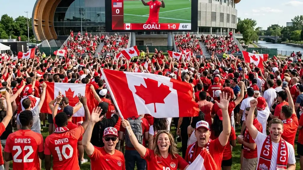 Enthusiastic Canadian soccer fans gather for a live World Cup 2026 watch party at Lansdowne Park in Ottawa