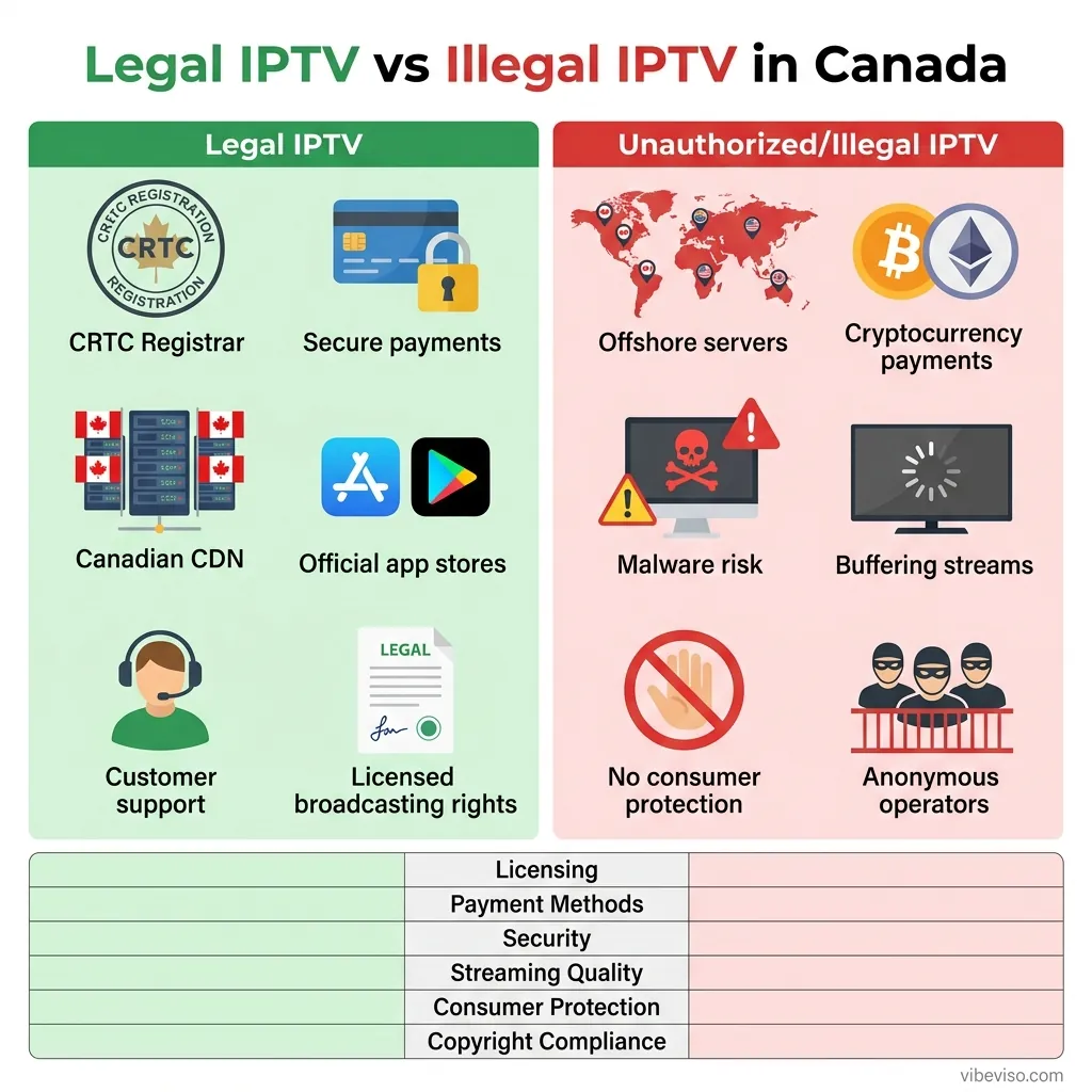 Comparison chart showing legal IPTV vs illegal IPTV services in Canada including CRTC licensing, pricing, security, and content rights