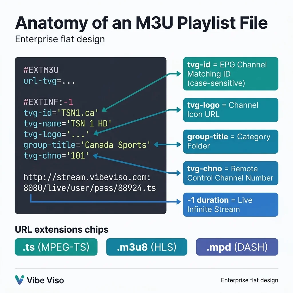 M3U Playlist Ingestion Pipeline — 6-stage sequence from HTTP GET to video output, showing M3U server, parser, EPG database, and stream server