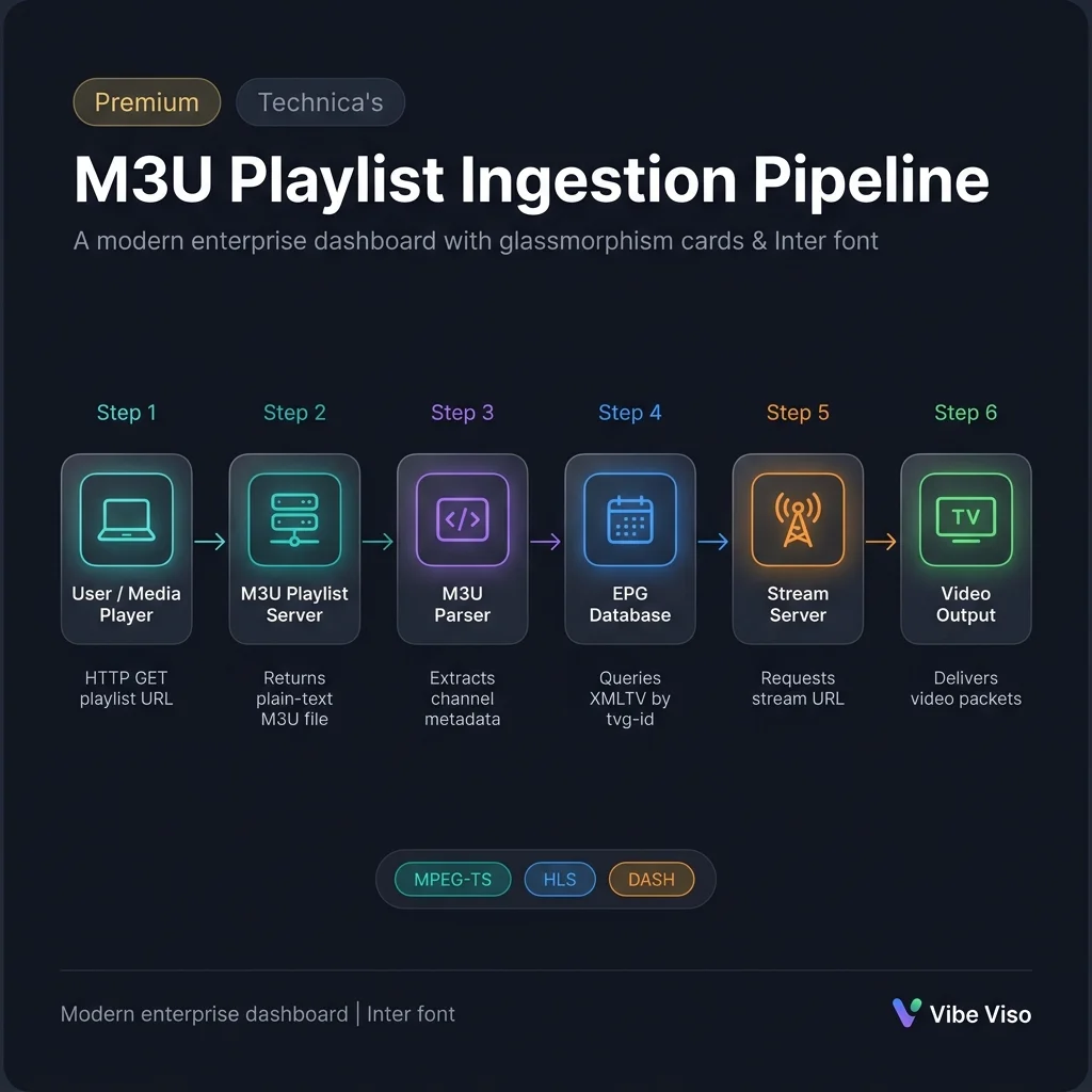 M3U Playlist Ingestion Pipeline — 6-stage sequence from HTTP GET to video output, showing M3U server, parser, EPG database, and stream server