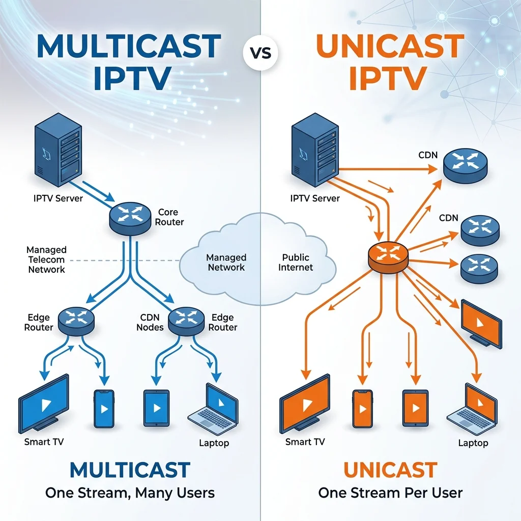 Split-screen comparison diagram showing bandwidth-efficient multicast distribution versus high-overhead unicast streaming