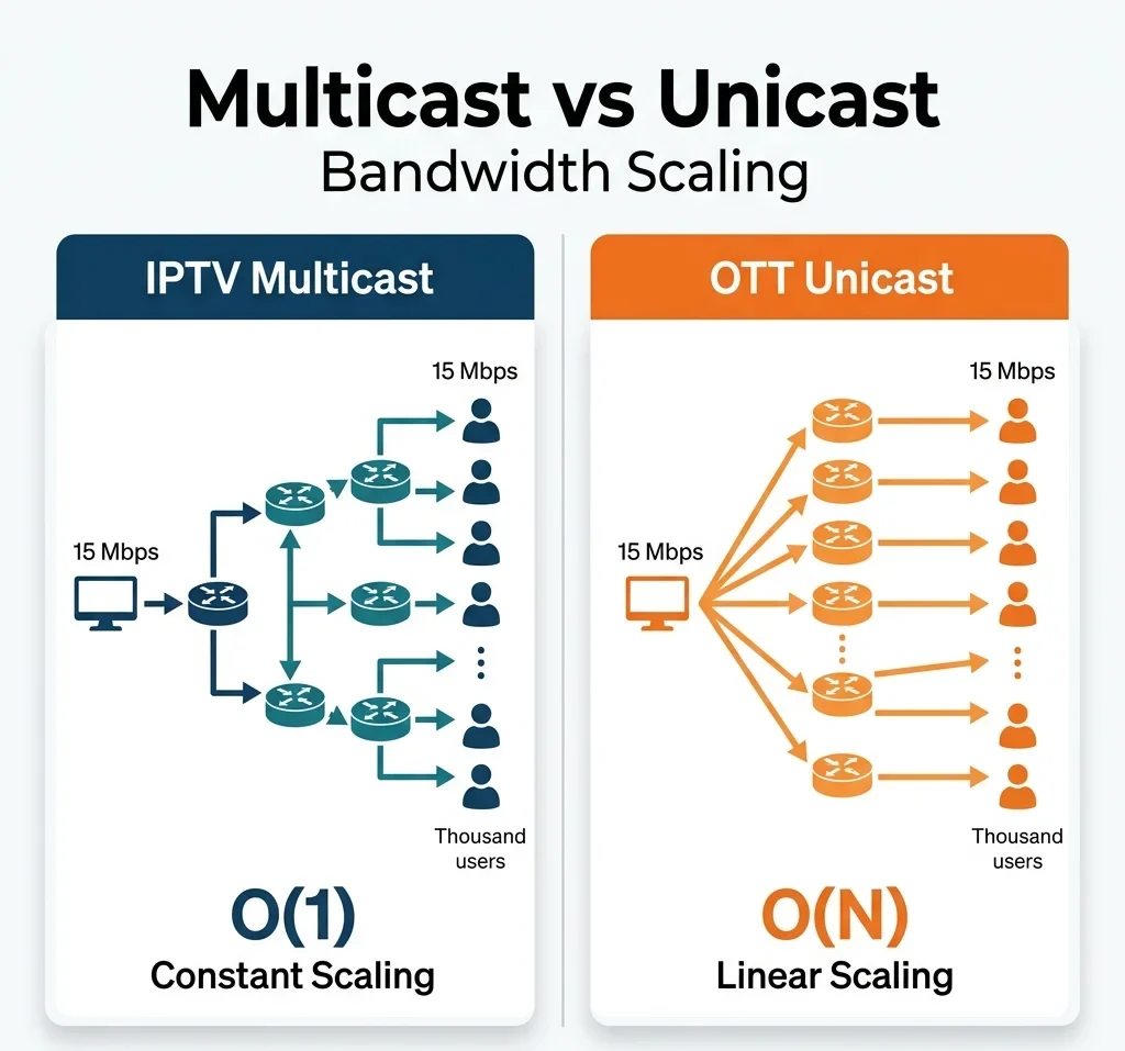 Infographic comparing IPTV multicast O(1) bandwidth scaling with OTT unicast O(N) scaling for live video streaming.