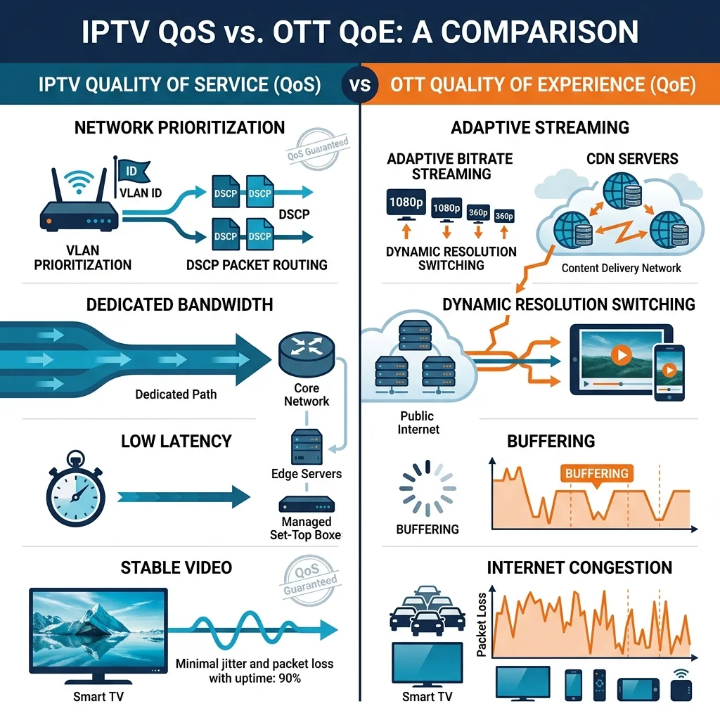 Comparison of IPTV Quality of Service (QoS) and OTT Quality of Experience (QoE) including VLAN prioritization, adaptive bitrate streaming, and buffering.