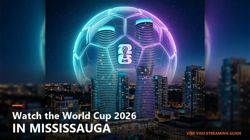 Mississauga skyline at night with Absolute World Towers and Celebration Square watch party theme - watch World Cup 2026 Mississauga IPTV guide
