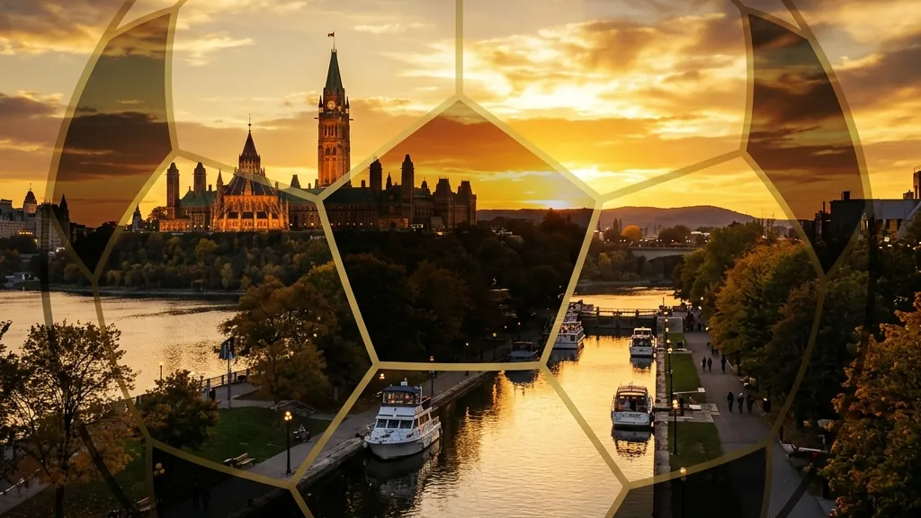 Ottawa skyline at night featuring the Parliament buildings with FIFA World Cup 2026 branding - watch World Cup 2026 Ottawa IPTV streaming guide