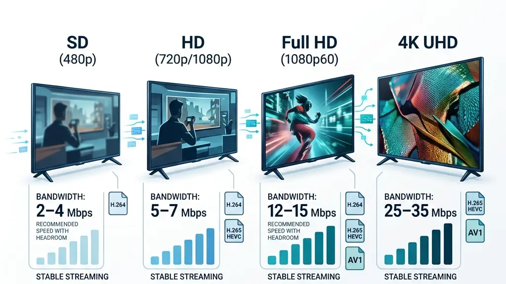 Infographic comparing IPTV internet speed requirements for SD, HD, Full HD, and 4K streaming.