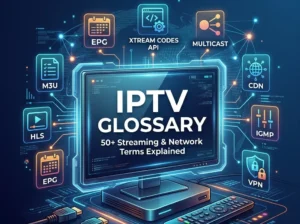 IPTV glossary featured image showing streaming and network terms with icons, IPTV devices, and tech background.