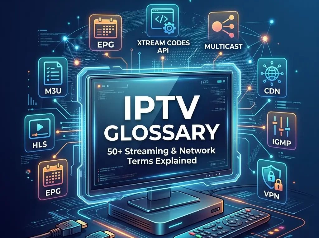 IPTV glossary featured image showing streaming and network terms with icons, IPTV devices, and tech background.