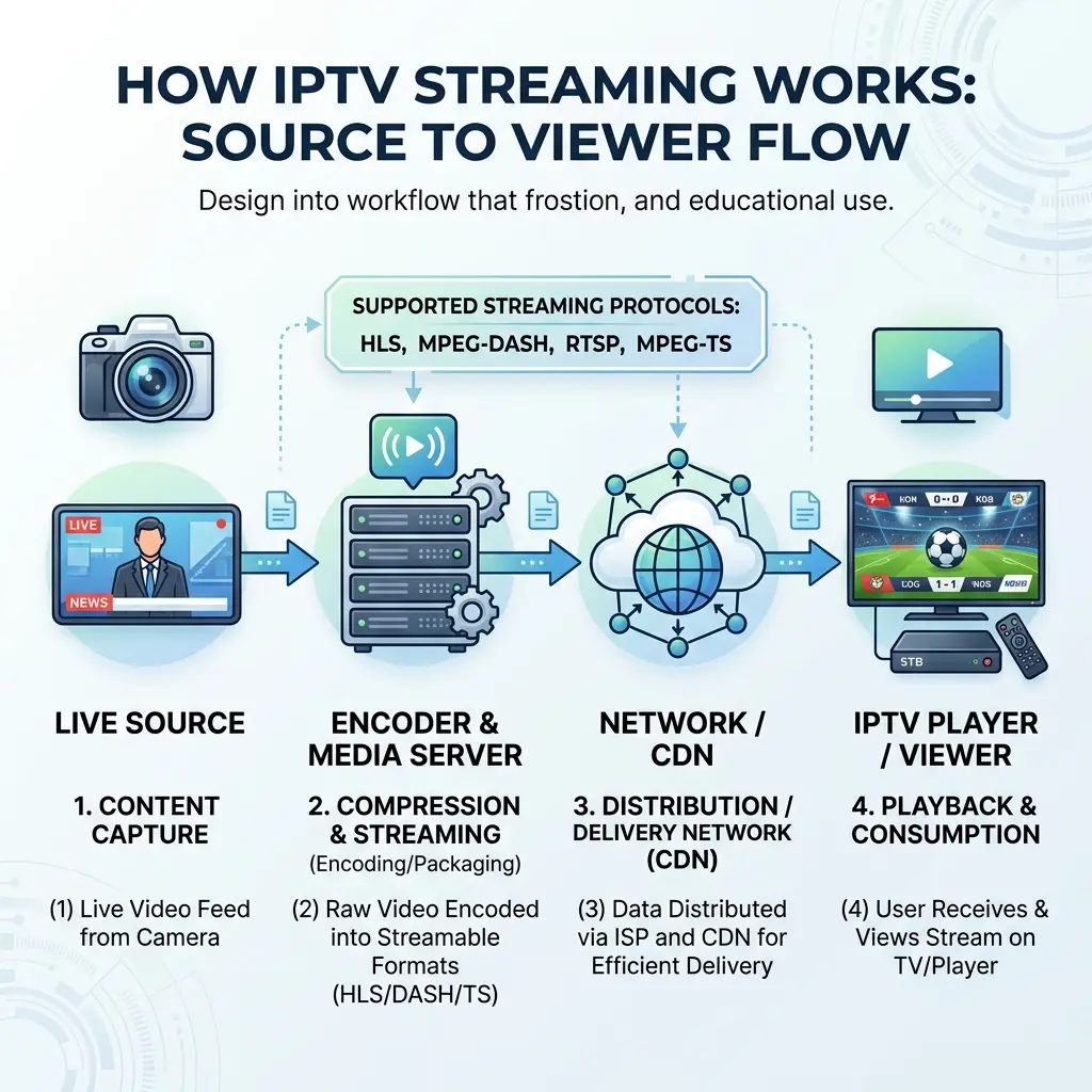 Diagram showing how IPTV streaming works using HLS, MPEG-DASH, RTSP, and MPEG-TS protocols.