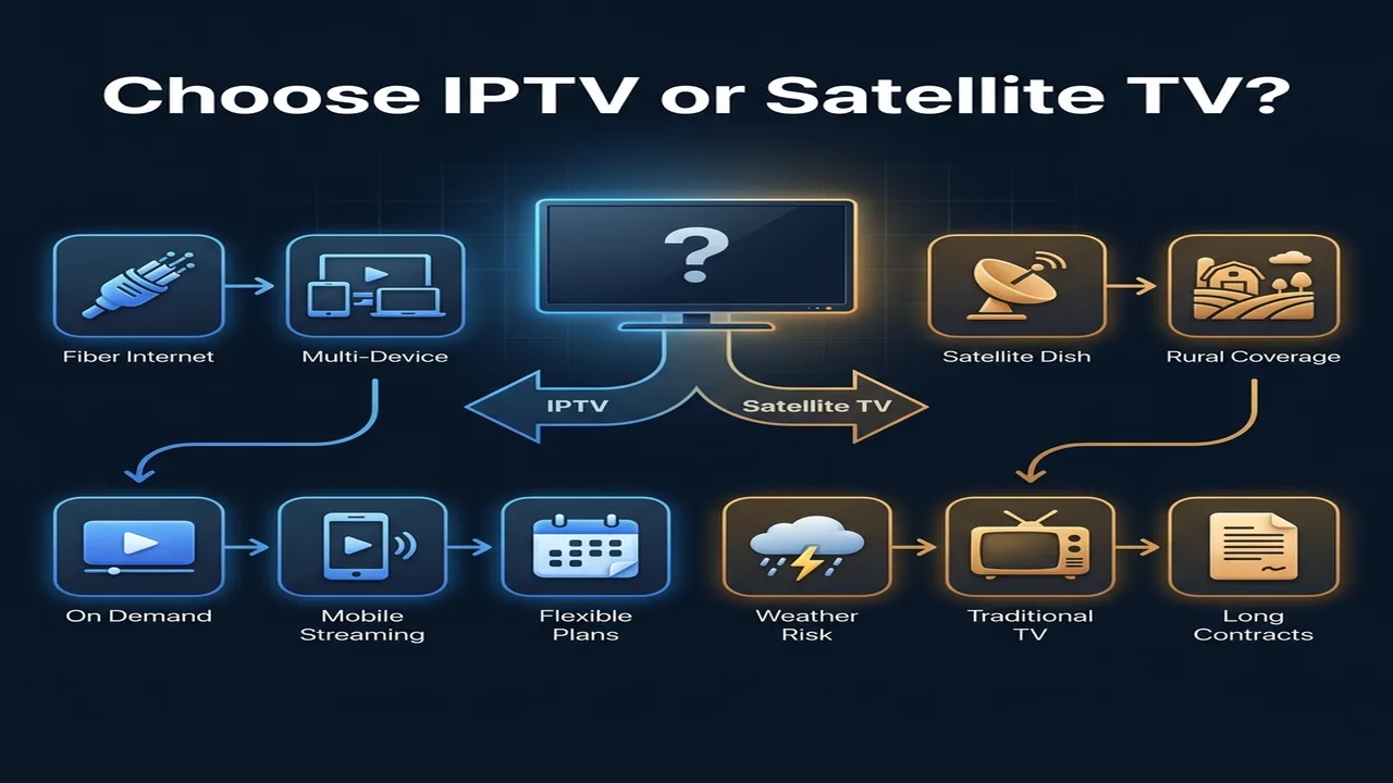 iptv vs satellite decision guide — two paths showing IPTV icons for fiber, multi-device, and VOD versus satellite icons for dish, rural coverage, and weather risk on a dark navy background