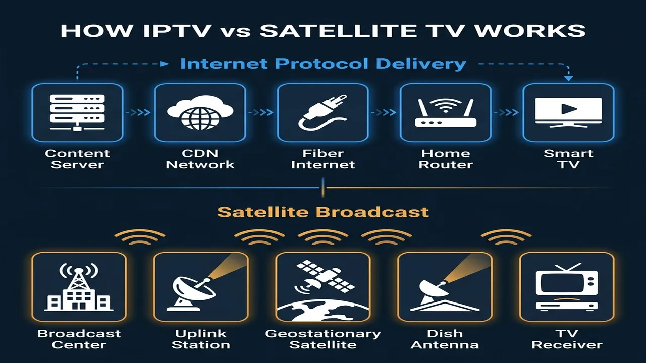 iptv vs satellite delivery diagram — IPTV signal path from content server through CDN to home router to smart TV compared to satellite signal path from broadcast center through uplink station to geostationary satellite to rooftop dish to TV receiver