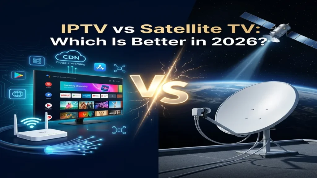 IPTV vs satellite TV comparison showing streaming devices, internet networks, and satellite dish technology.