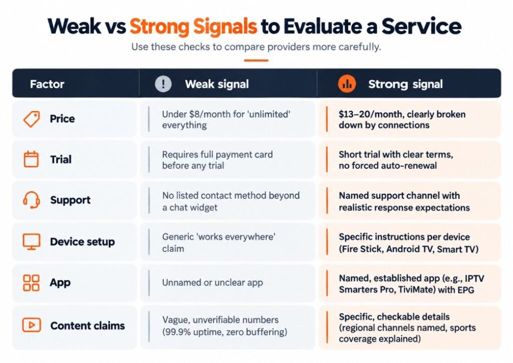IPTV Subscription comparison showing weak and strong signals for price, trial, support, device setup, apps, and content claims