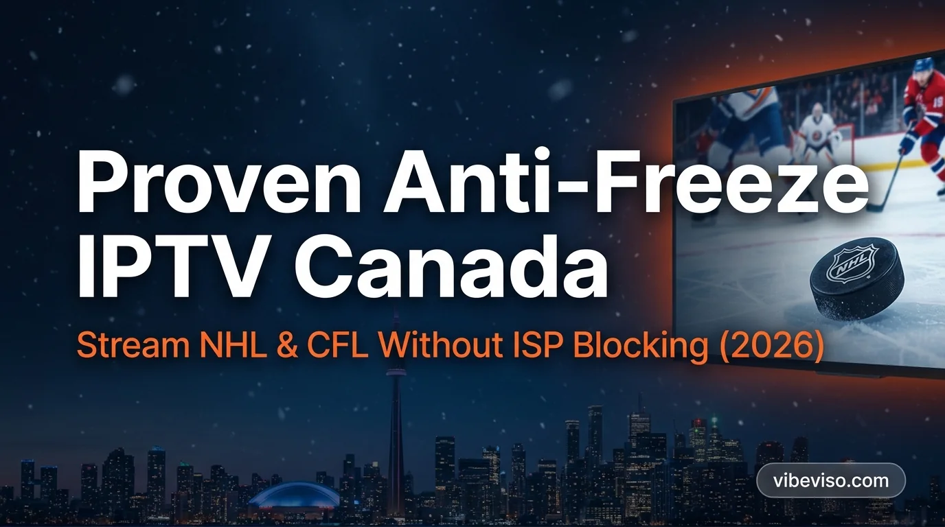 Proven anti-freeze IPTV Canada guide featuring live NHL hockey streaming on TV with Toronto skyline backgroun